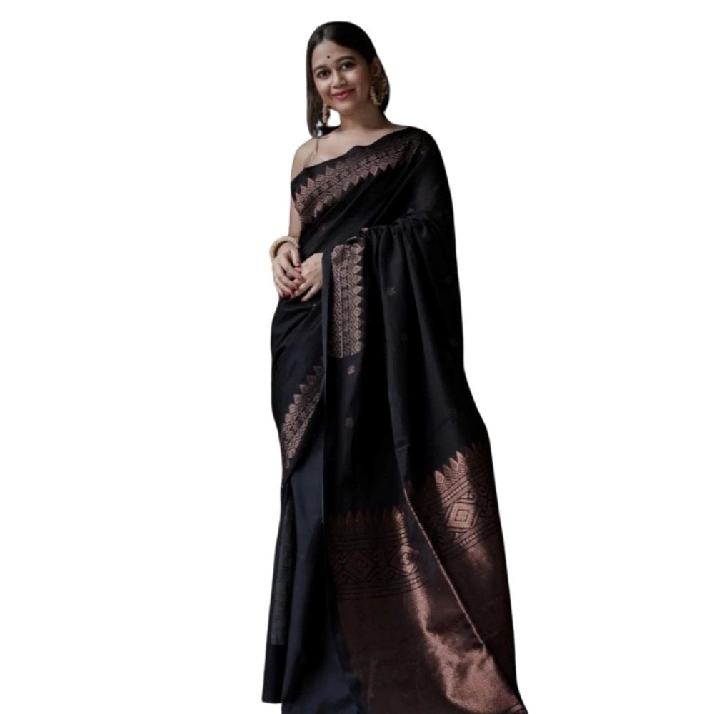 Women's Silk Printed Saree With Unstitched Blouse 5.5 Mtr (Black)