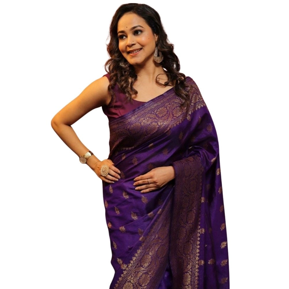 Women's Silk Printed Saree With Unstitched Blouse 5.5 Mtr (Purple)