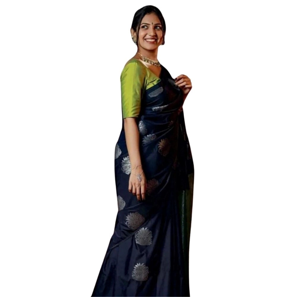 Women's Silk Printed Saree With Unstitched Blouse 5.5 Mtr (Navy Blue)