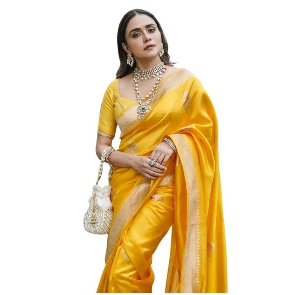 Women's Silk Printed Saree With Unstitched Blouse 5.5 Mtr (Yellow)