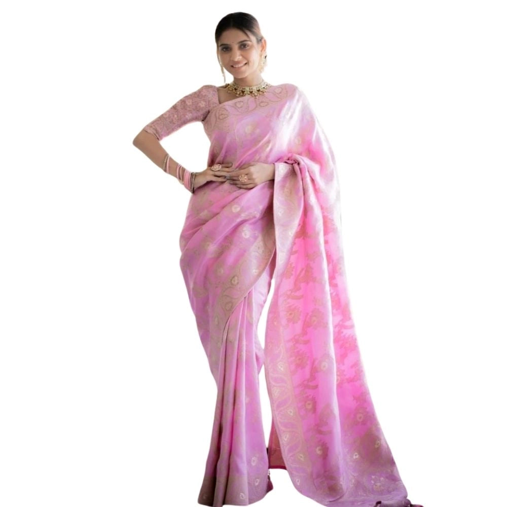 Women's Silk Printed Saree With Unstitched Blouse 5.5 Mtr (Pink)