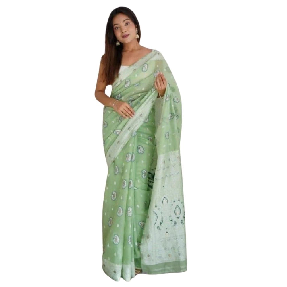 Women's Cotton Printed Saree With Unstitched Blouse 5.5 Mtr (Pista)