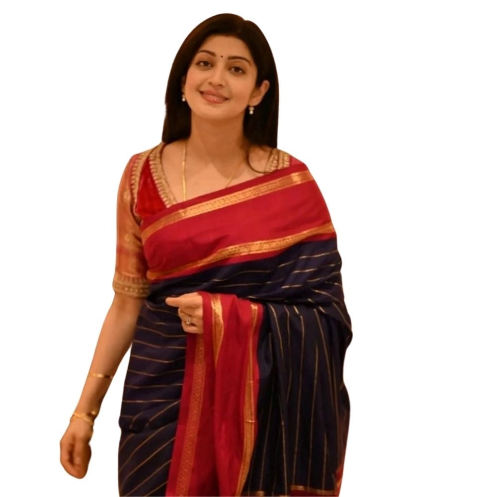 Women's Silk Printed Saree With Unstitched Blouse 5.5 Mtr (Navy Blue)