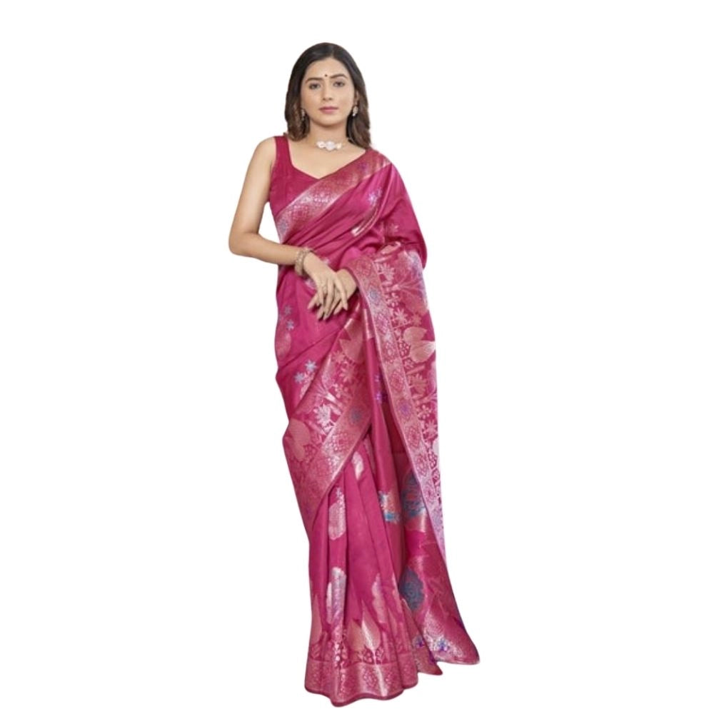 Women's Silk Printed Saree With Unstitched Blouse 5.5 Mtr (Rani Pink)