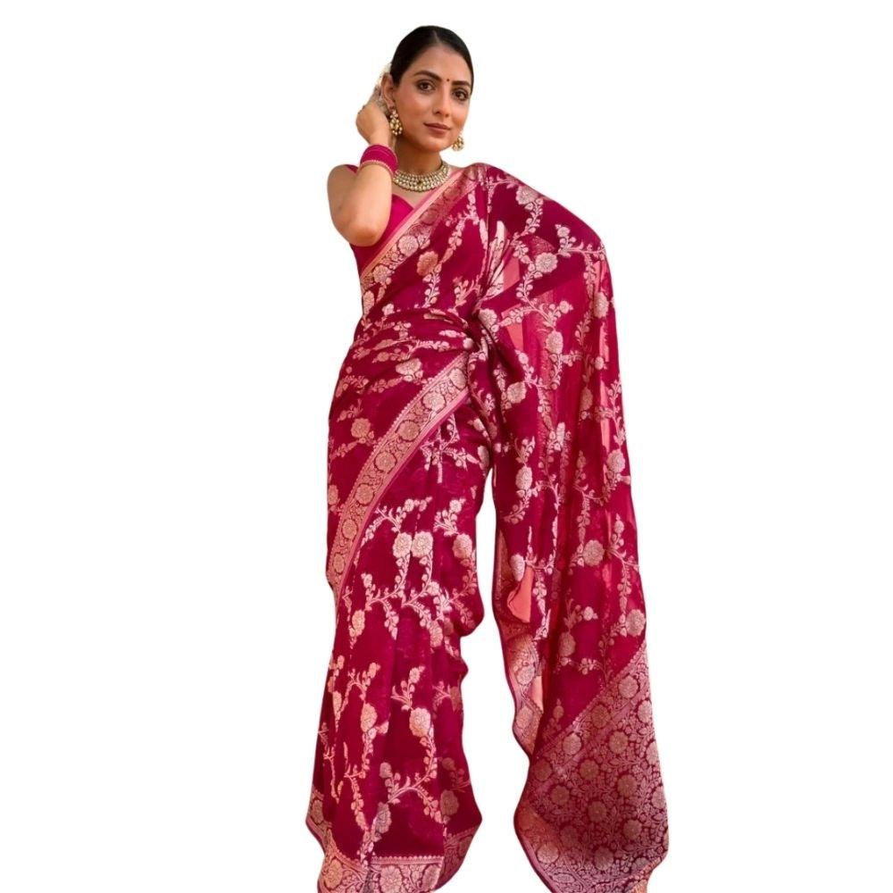 Women's Silk Printed Saree With Unstitched Blouse 5.5 Mtr (Pink)