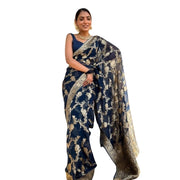 Women's Silk Printed Saree With Unstitched Blouse 5.5 Mtr (Dark Blue)