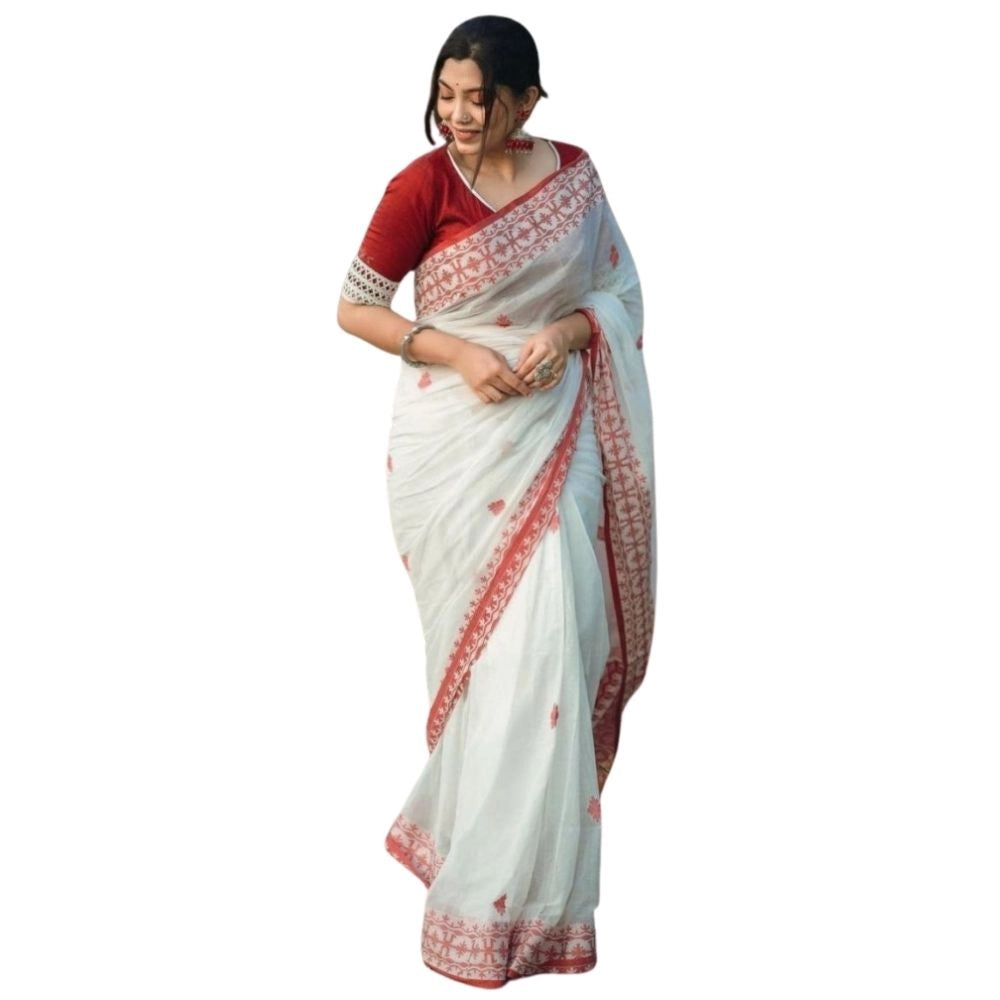 Women's Cotton Printed Saree With Unstitched Blouse 5.5 Mtr (White-Red)