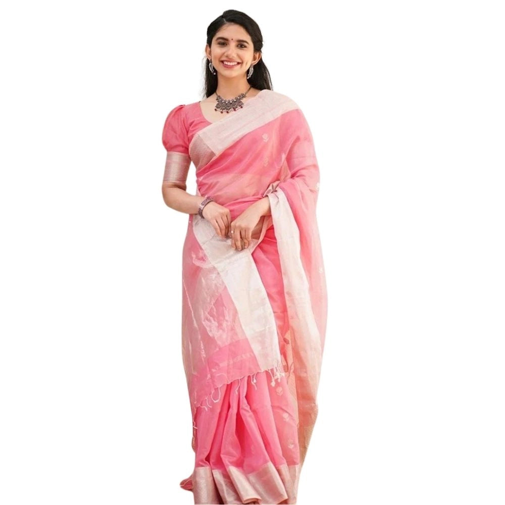Women's Cotton Printed Saree With Unstitched Blouse 5.5 Mtr (Pink)