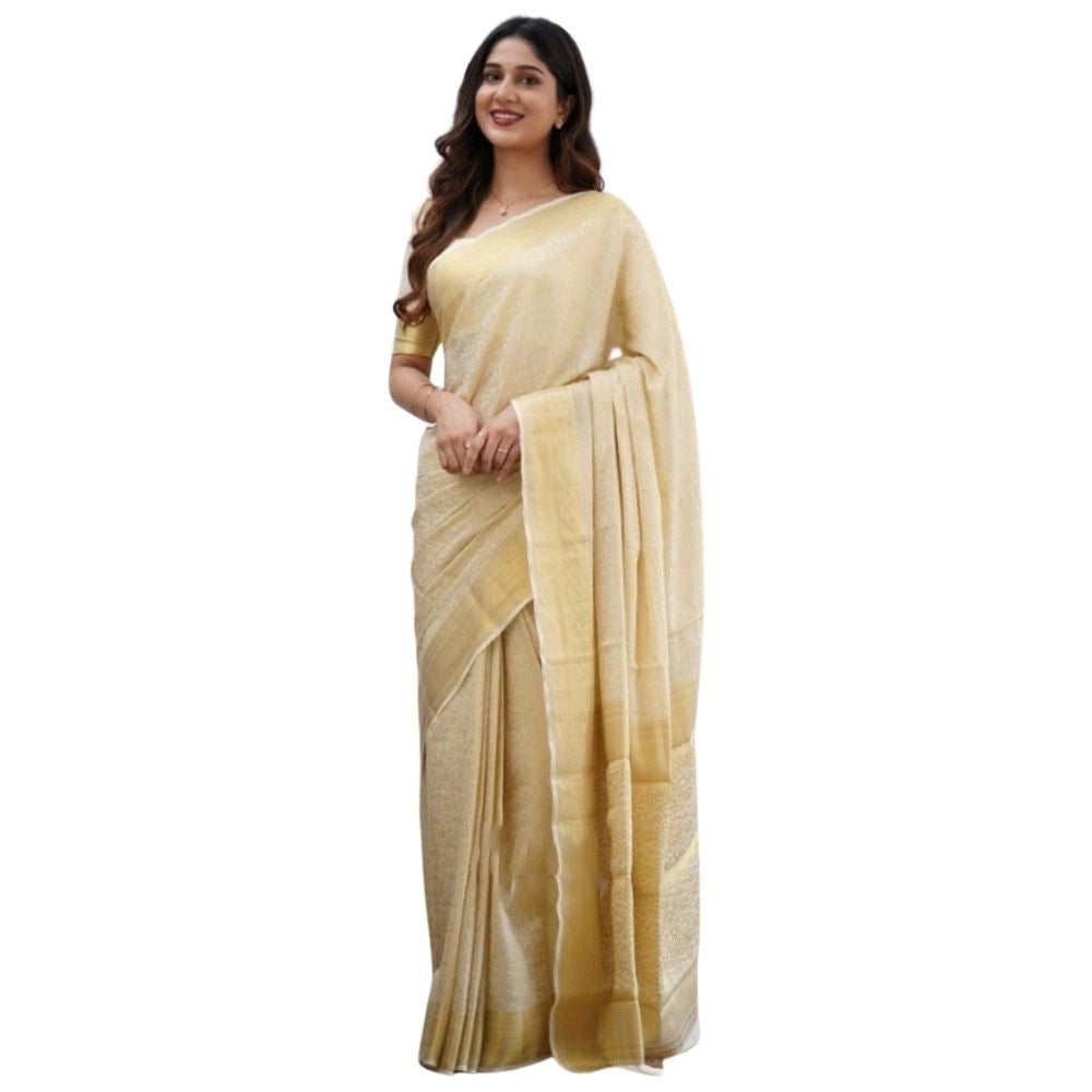 Women's Silk Printed Saree With Unstitched Blouse 5.5 Mtr (Cream)