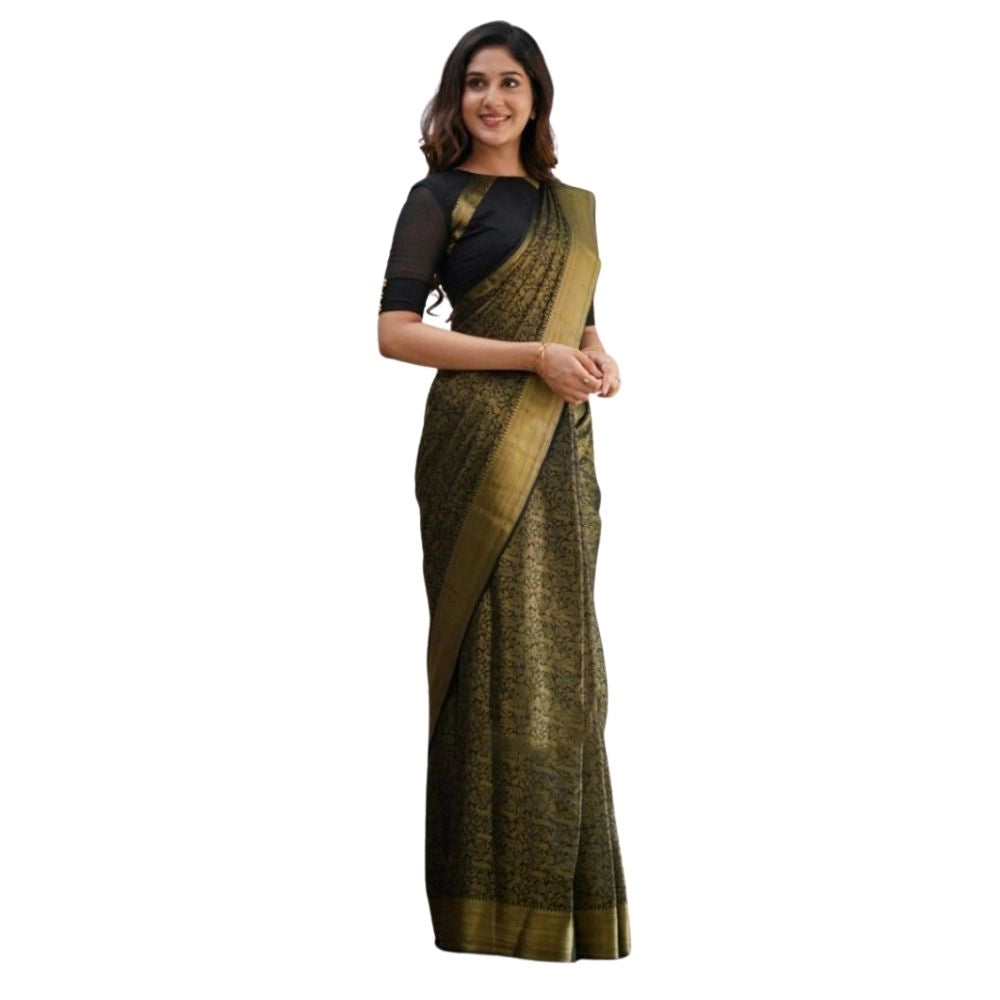 Women's Silk Printed Saree With Unstitched Blouse 5.5 Mtr (Black)