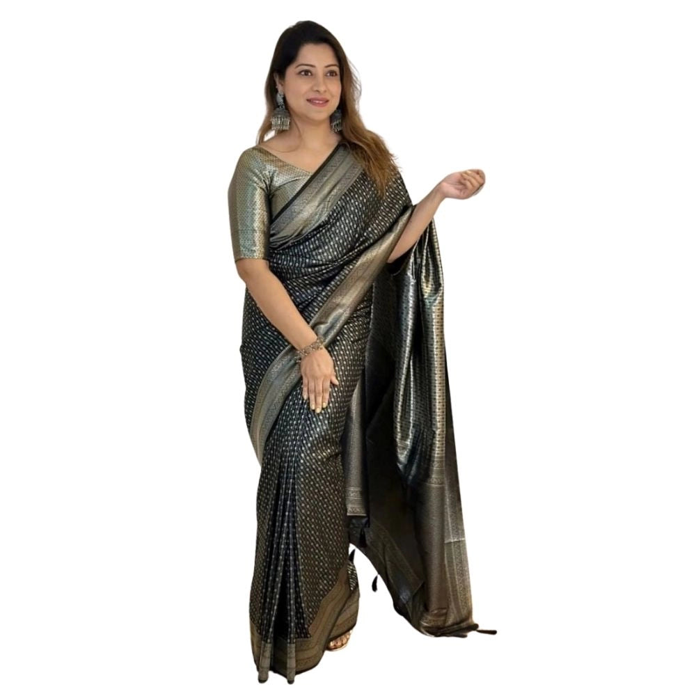 Women's Silk Printed Saree With Unstitched Blouse 5.5 Mtr (Black)