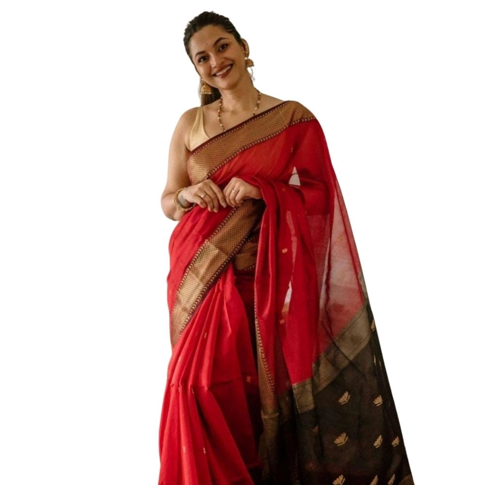Women's Cotton Printed Saree With Unstitched Blouse 5.5 Mtr (Red)