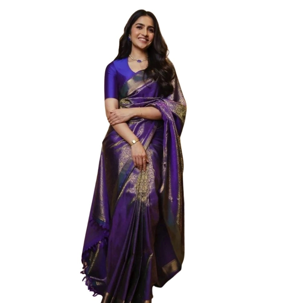 Women's Silk Printed Saree With Unstitched Blouse 5.5 Mtr (Purple)