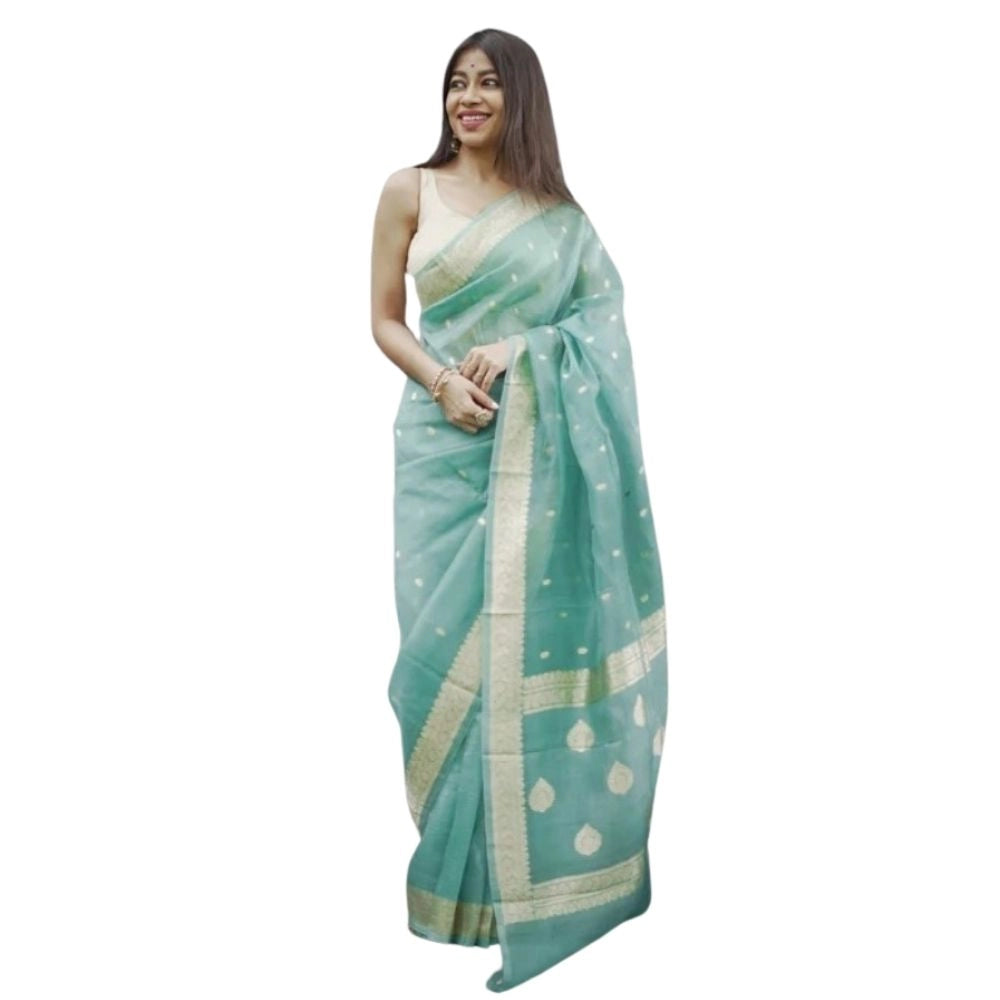 Women's Cotton Printed Saree With Unstitched Blouse 5.5 Mtr (Sky)