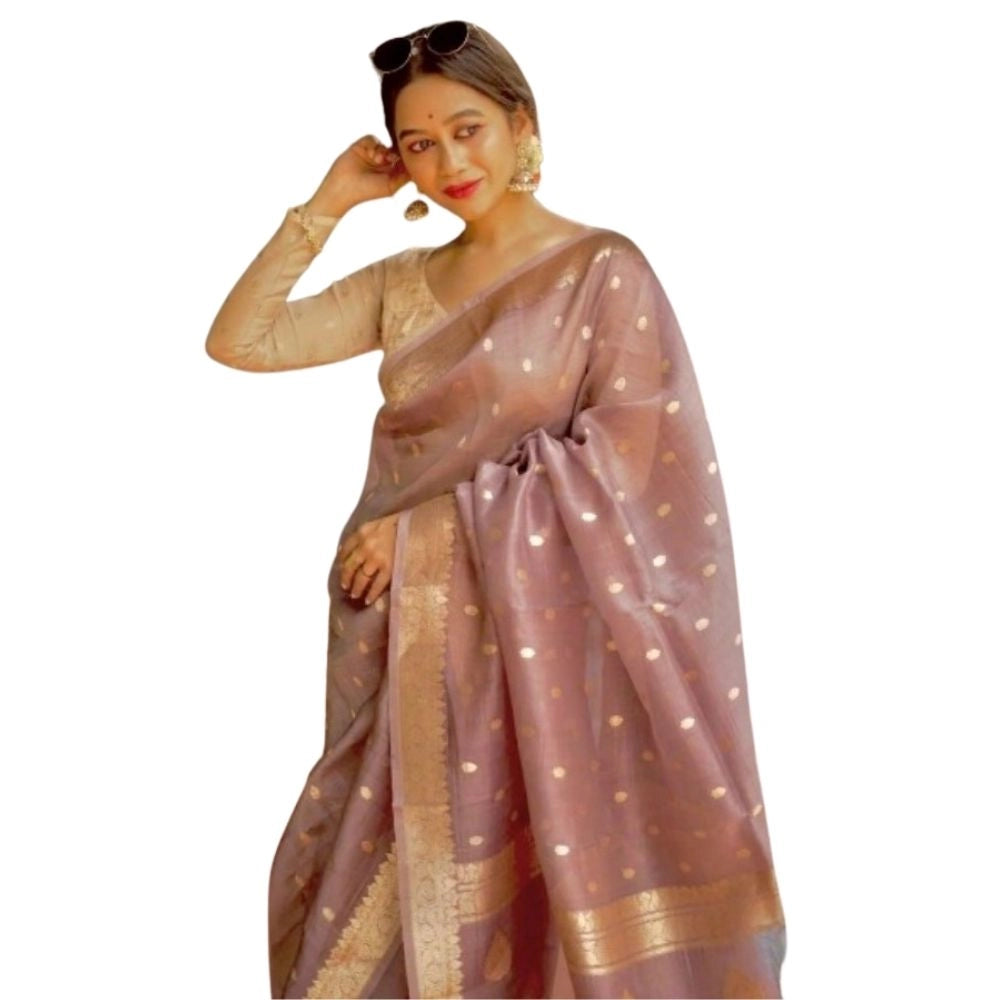 Women's Cotton Printed Saree With Unstitched Blouse 5.5 Mtr (Rose Gold)