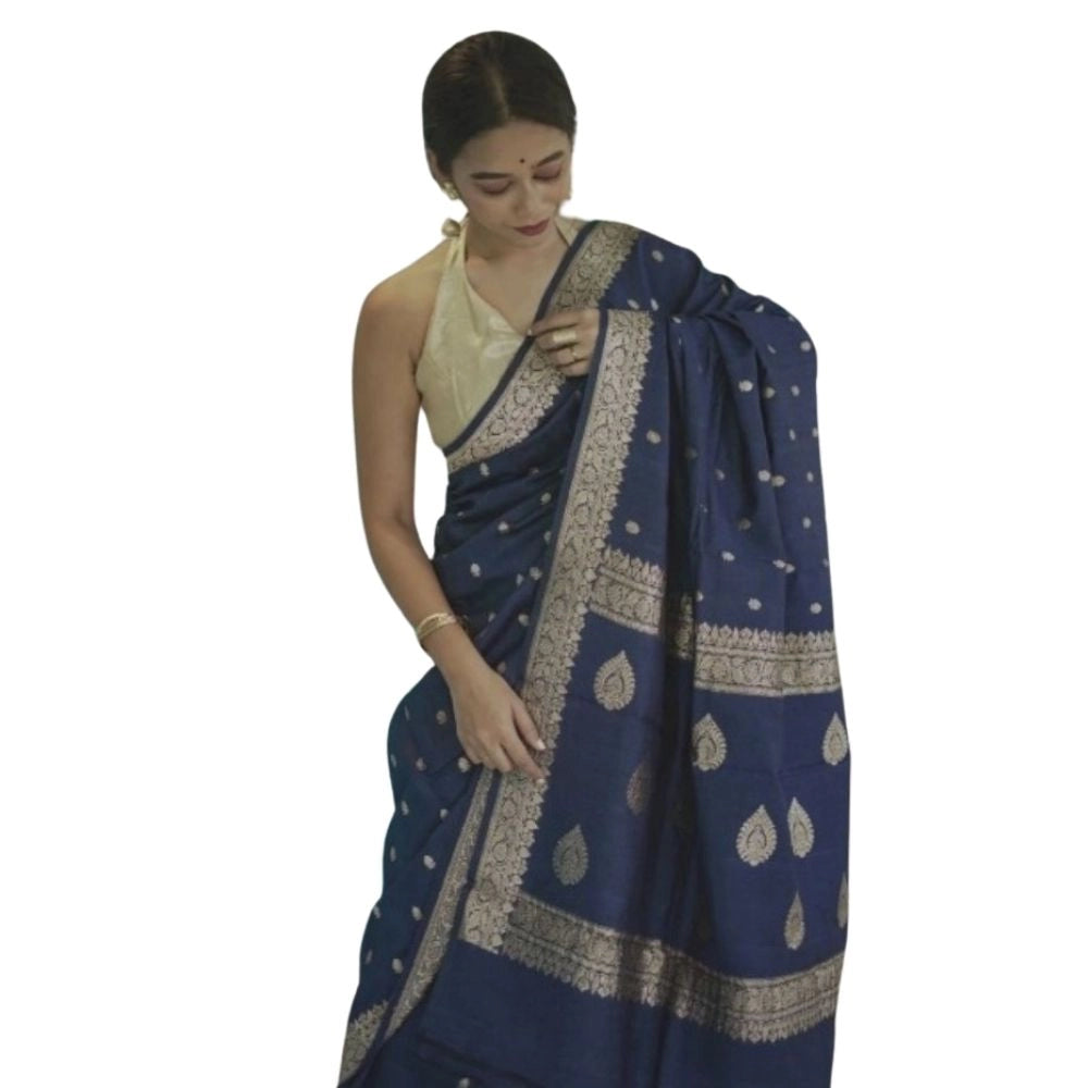 Women's Cotton Printed Saree With Unstitched Blouse 5.5 Mtr (Navy Blue)