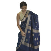 Women's Cotton Printed Saree With Unstitched Blouse 5.5 Mtr (Navy Blue)