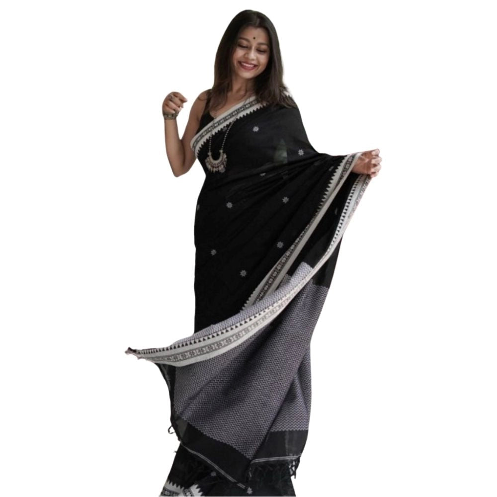 Women's Cotton Printed Saree With Unstitched Blouse 5.5 Mtr (Black)