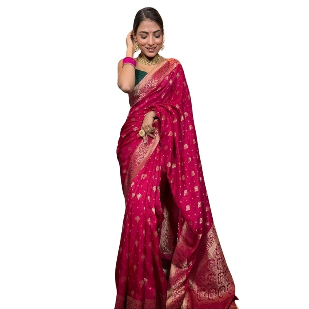 Women's Silk Printed Saree With Unstitched Blouse 5.5 Mtr (Rani Pink)