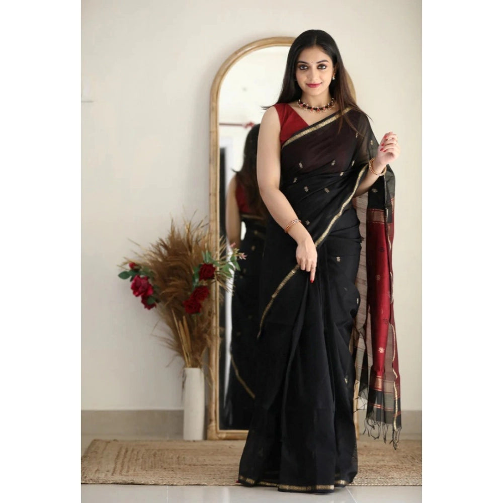 Women's Cotton Printed Saree With Unstitched Blouse 5.5 Mtr (Black)