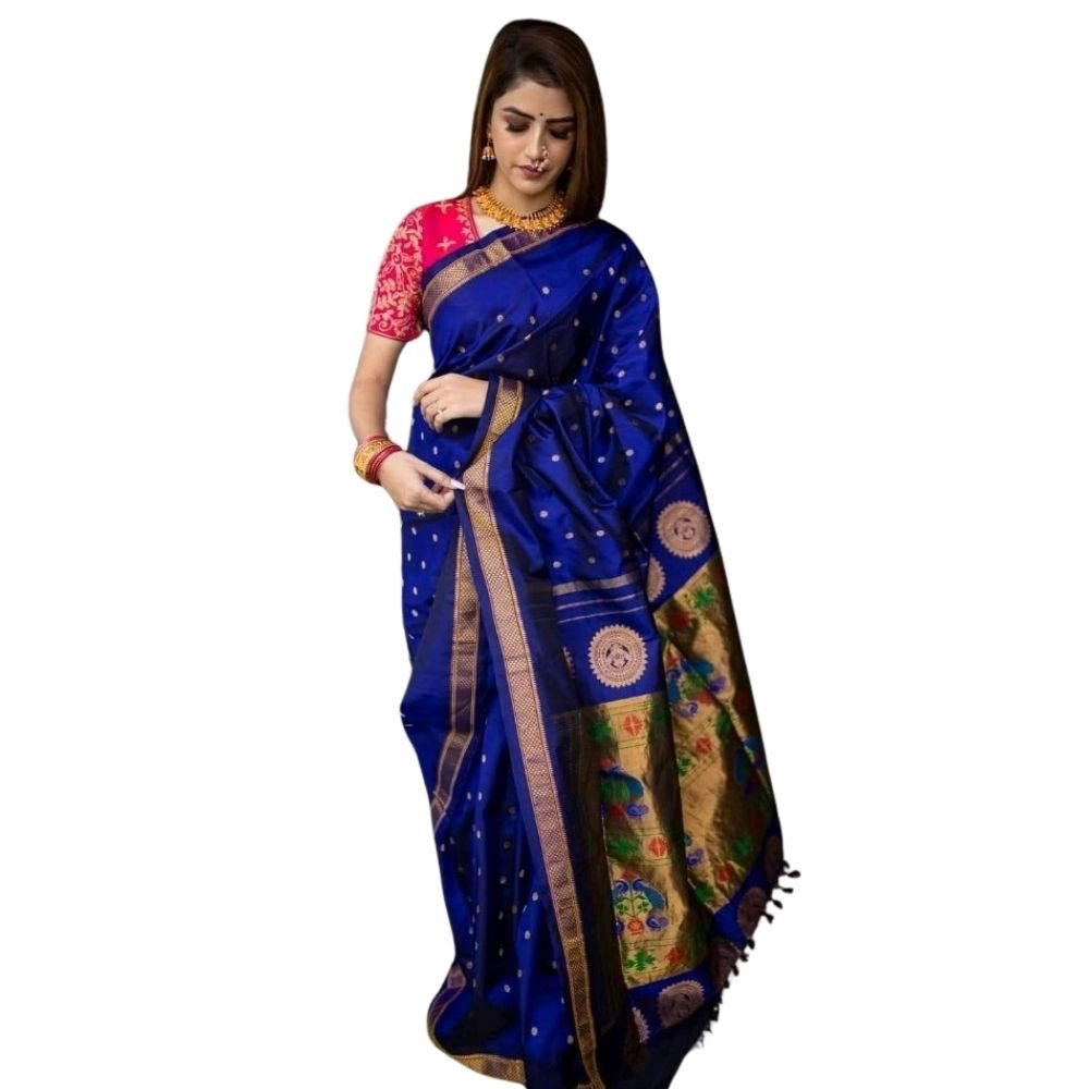 Women's Silk Printed Saree With Unstitched Blouse 5.5 Mtr (Blue)