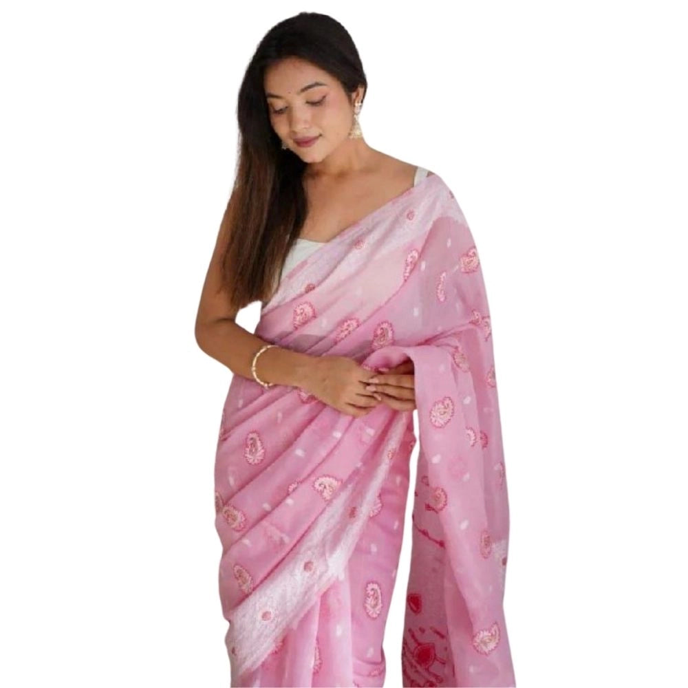 Women's Cotton Printed Saree With Unstitched Blouse 5.5 Mtr (Pink)