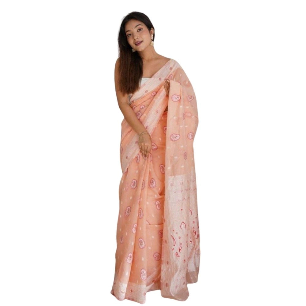 Women's Cotton Printed Saree With Unstitched Blouse 5.5 Mtr (Peach)