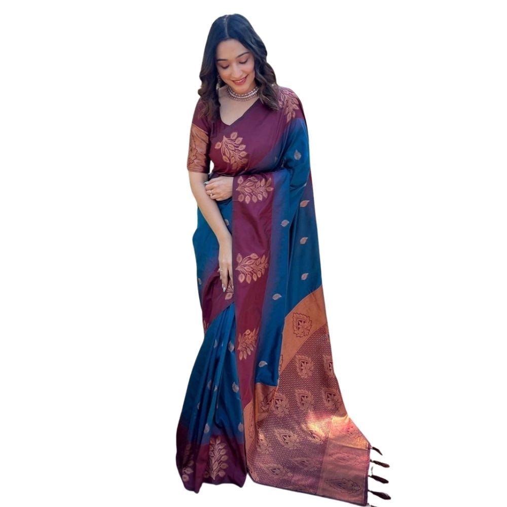 Women's Silk Printed Saree With Unstitched Blouse 5.5 Mtr (Blue)