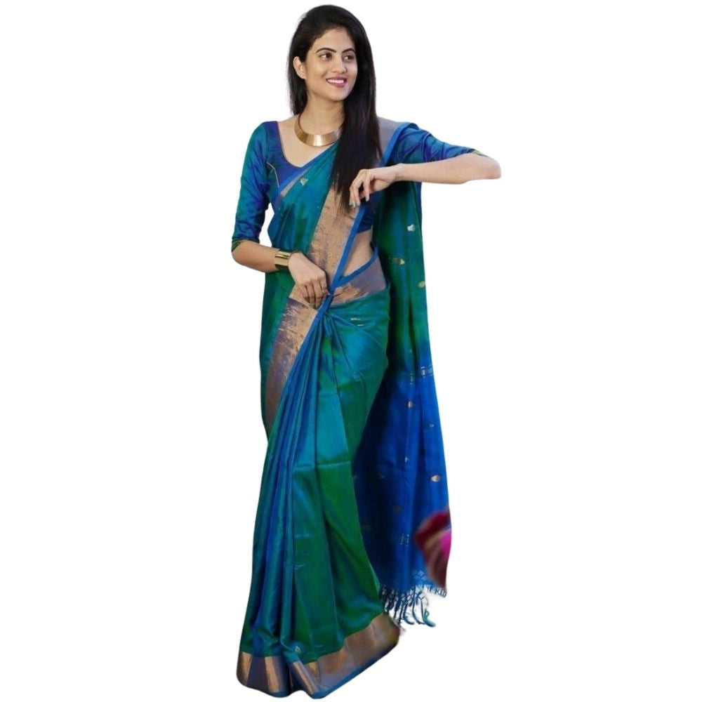 Women's Silk Printed Saree With Unstitched Blouse 5.5 Mtr (Blue)