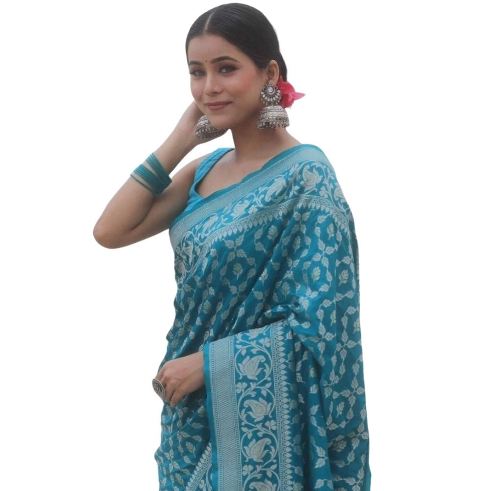 Women's Silk Printed Saree With Unstitched Blouse 5.5 Mtr (Sky Blue)