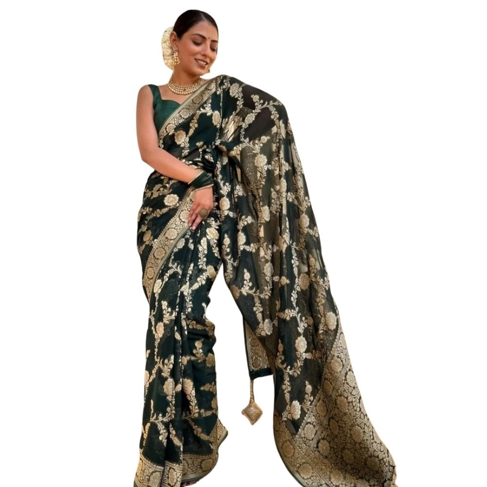 Women's Silk Printed Saree With Unstitched Blouse 5.5 Mtr (Dark Green)