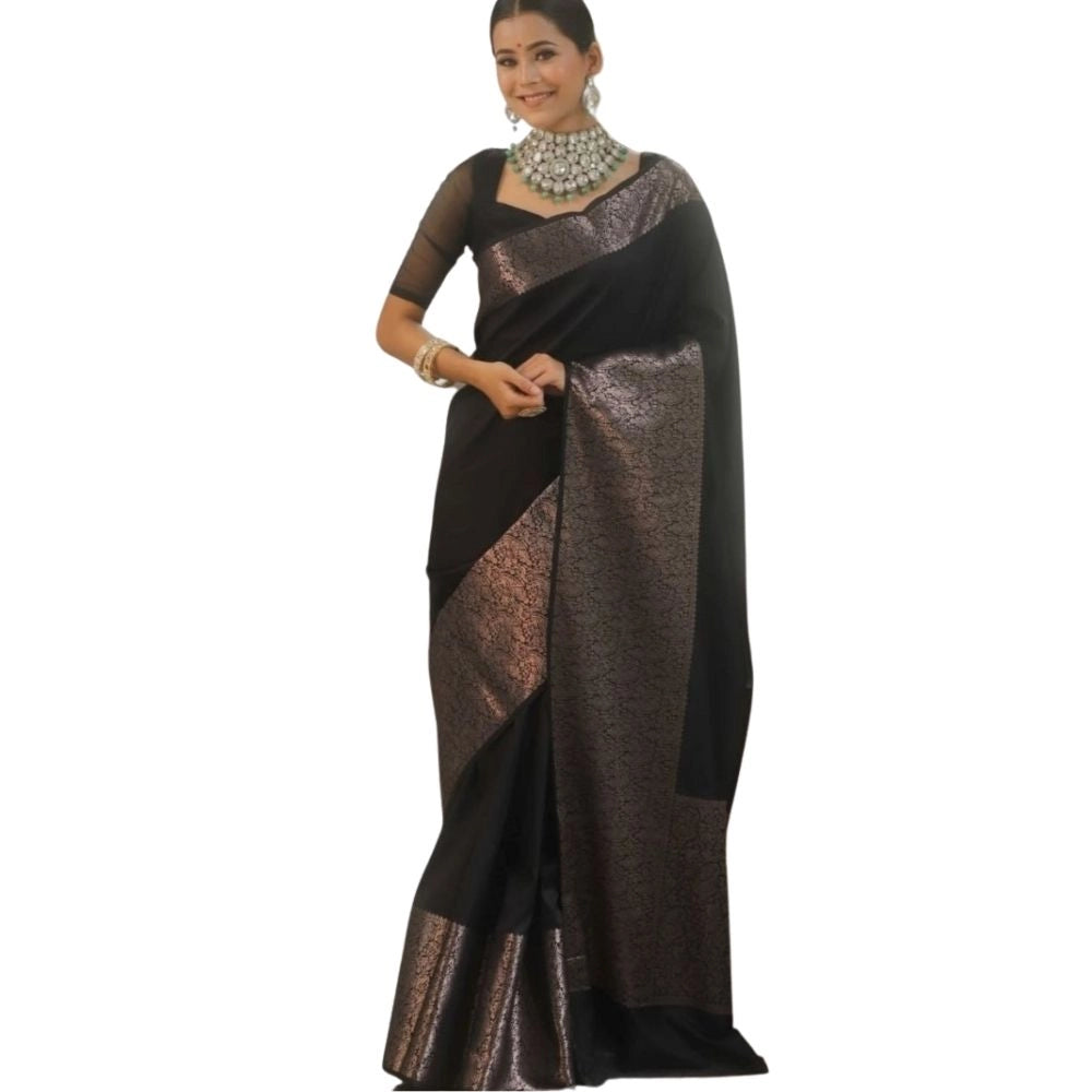 Women's Silk Printed Saree With Unstitched Blouse 5.5 Mtr (Black)