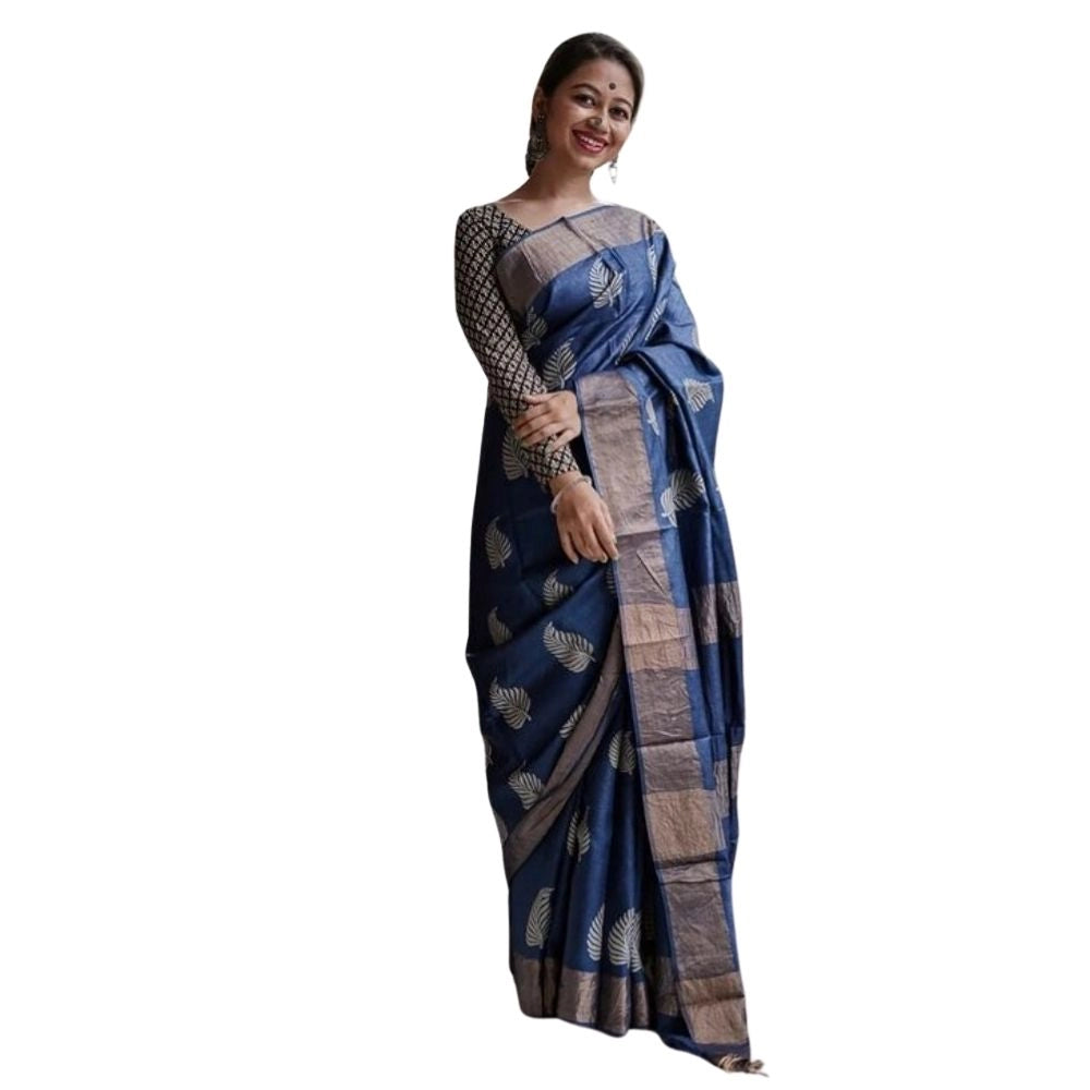 Women's Silk Printed Saree With Unstitched Blouse 5.5 Mtr (Navy Blue)