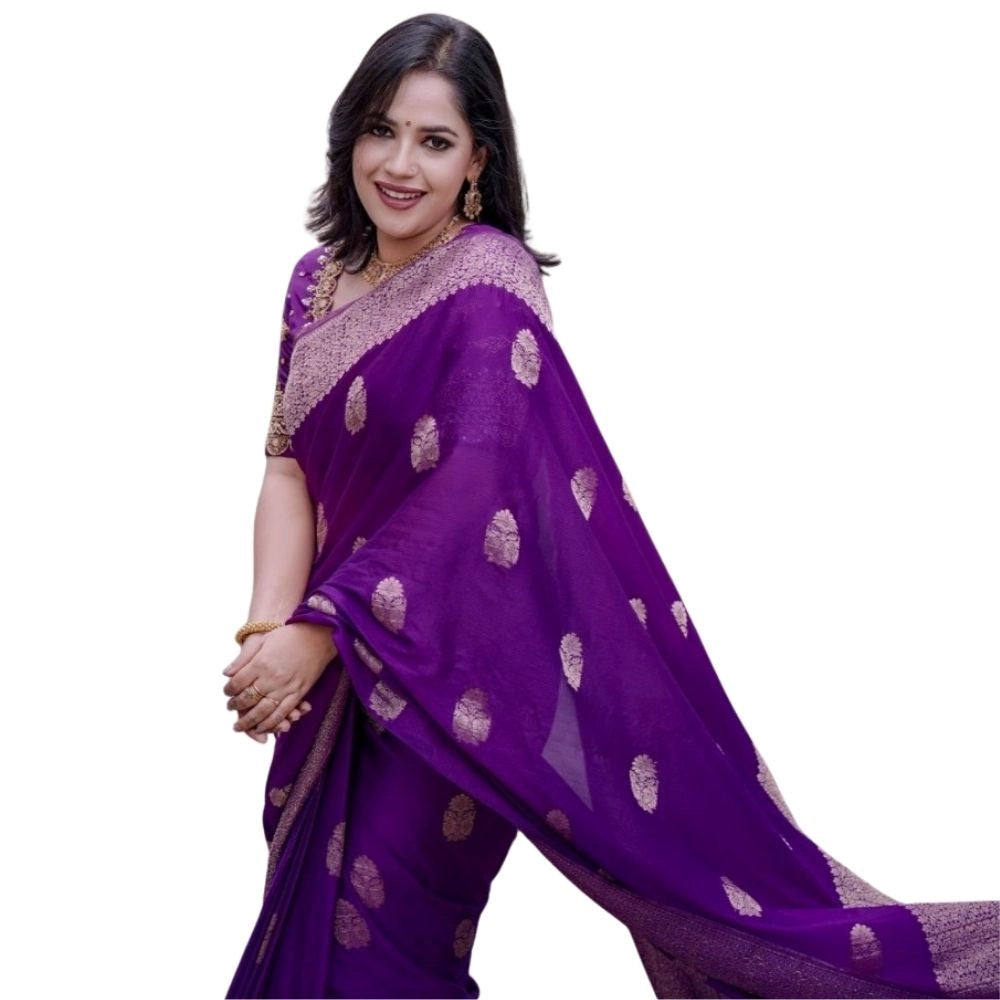 Women's Silk Printed Saree With Unstitched Blouse 5.5 Mtr (Purple)