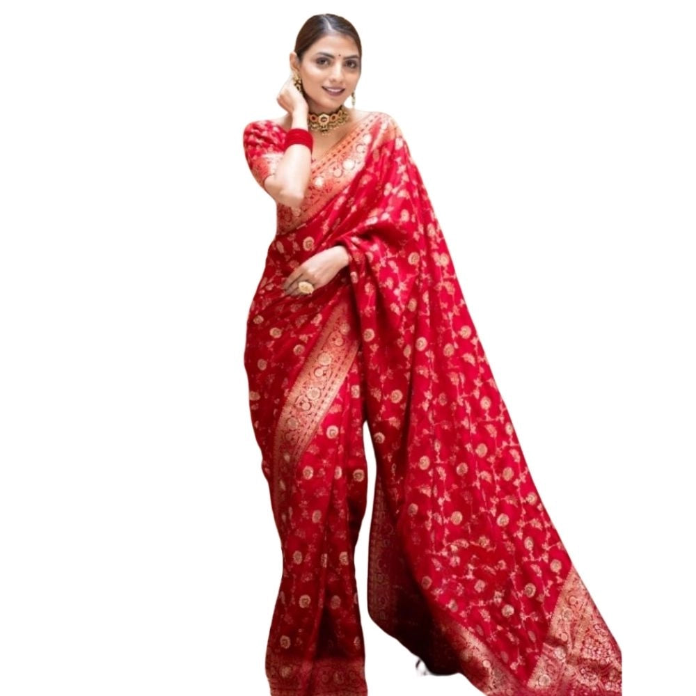 Women's Silk Printed Saree With Unstitched Blouse 5.5 Mtr (Red)