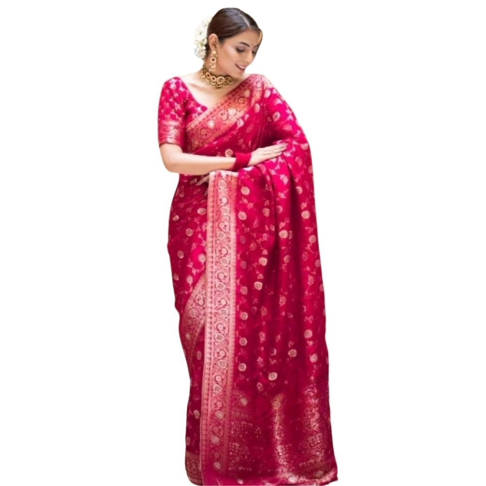 Women's Silk Printed Saree With Unstitched Blouse 5.5 Mtr (Rani Pink)