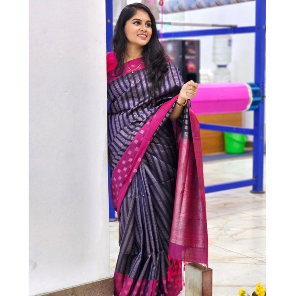 Women's Silk Printed Saree With Unstitched Blouse 5.5 Mtr (Navy Blue)