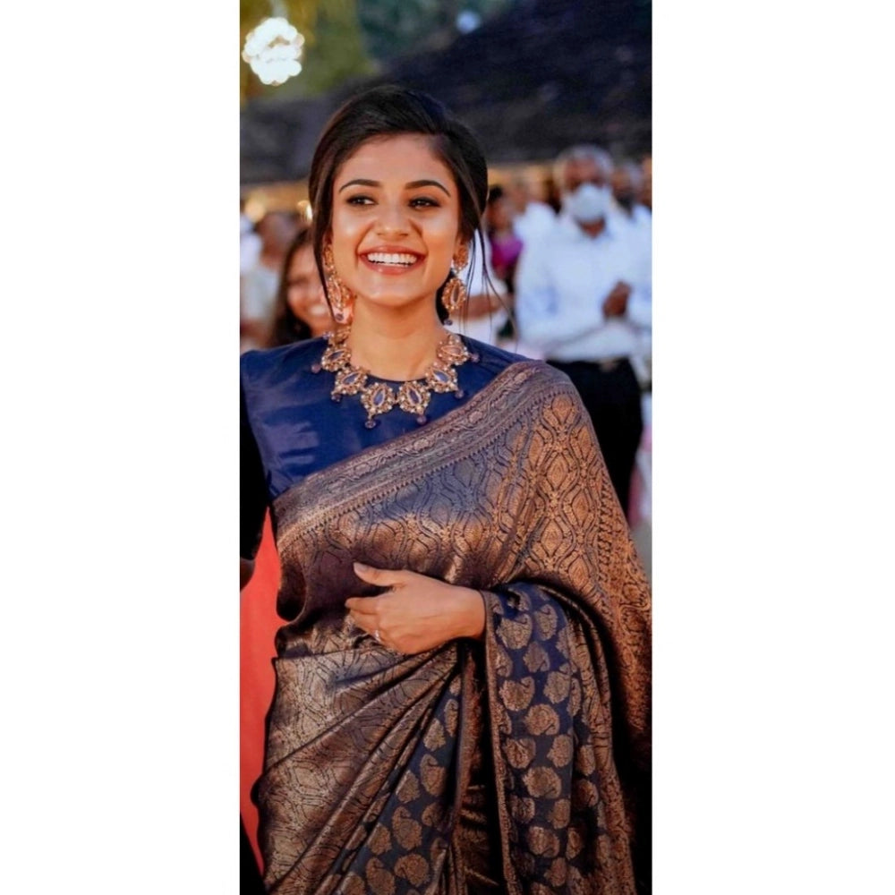 Women's Silk Printed Saree With Unstitched Blouse 5.5 Mtr (Blue)