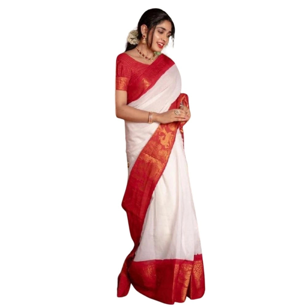 Women's Silk Printed Saree With Unstitched Blouse 5.5 Mtr (White)