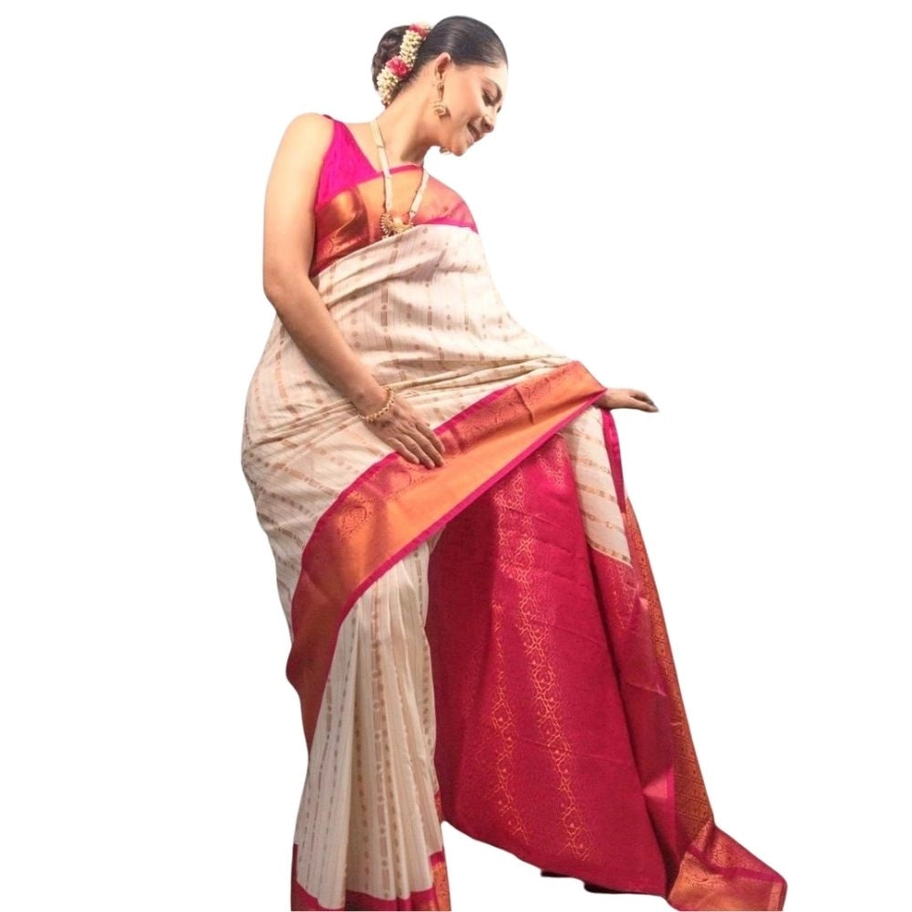 Women's Silk Printed Saree With Unstitched Blouse 5.5 Mtr (White-Pink)