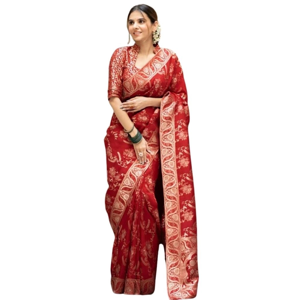 Women's Silk Printed Saree With Unstitched Blouse 5.5 Mtr (Red)