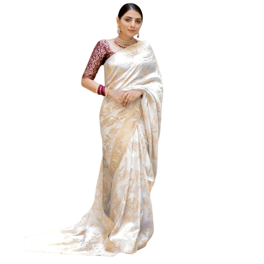 Women's Silk Printed Saree With Unstitched Blouse 5.5 Mtr (White)