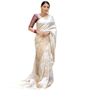 Women's Silk Printed Saree With Unstitched Blouse 5.5 Mtr (White)