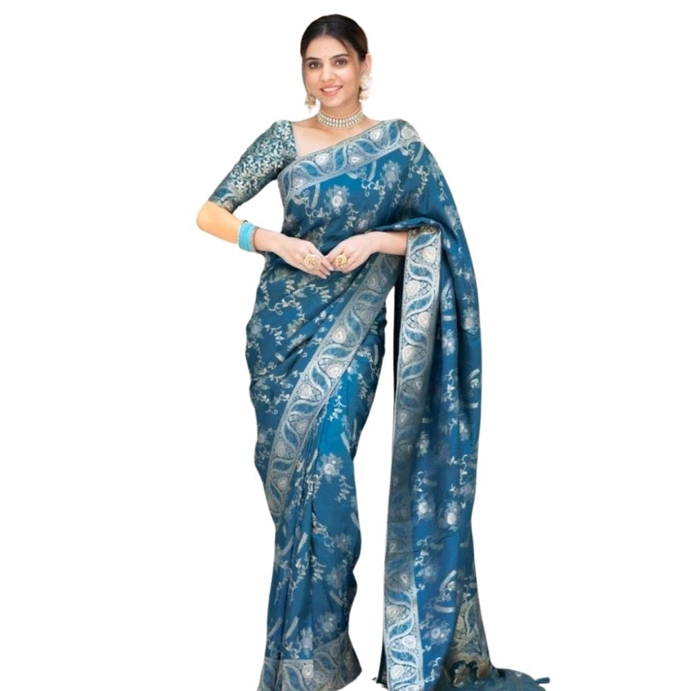Women's Silk Printed Saree With Unstitched Blouse 5.5 Mtr (Teal Blue)