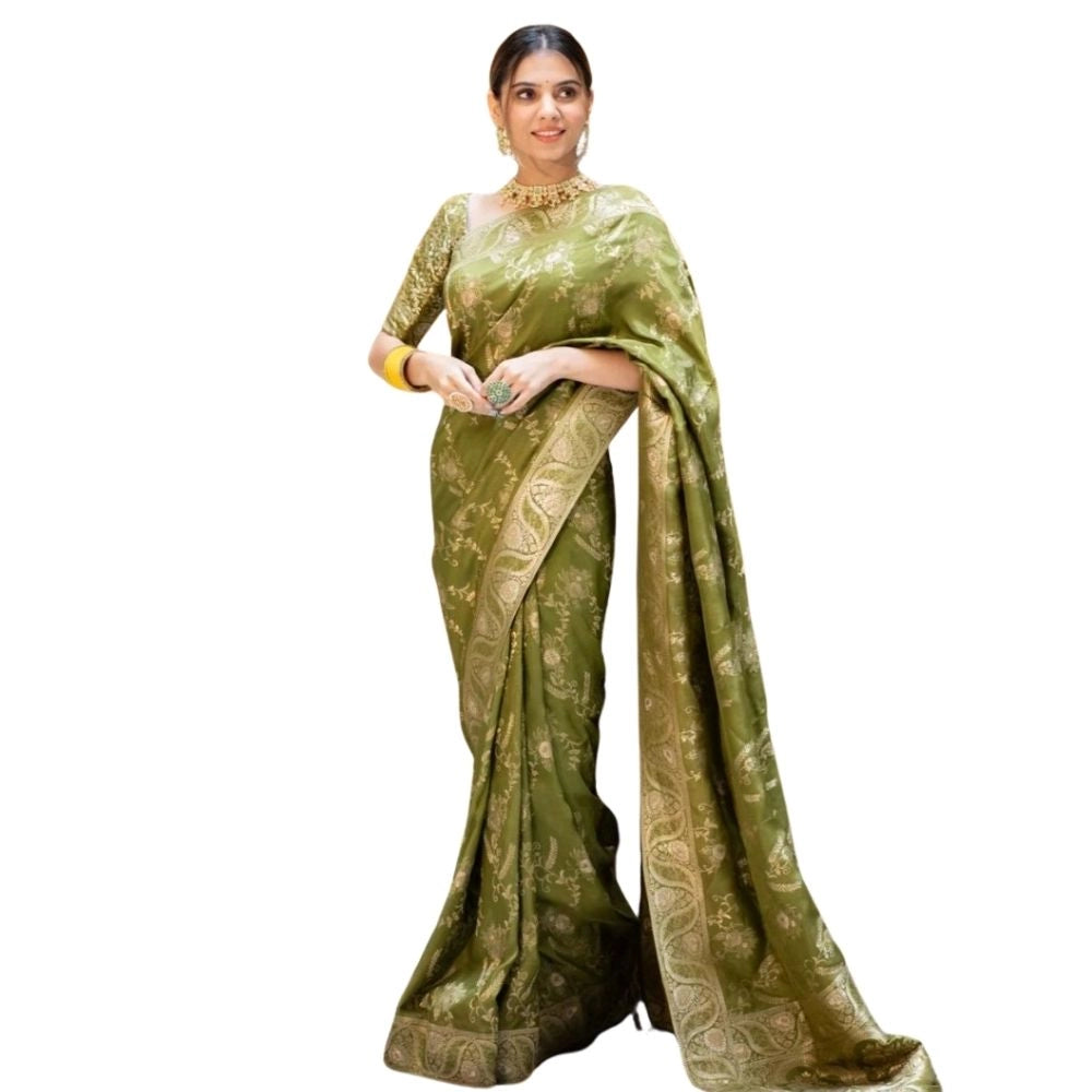 Women's Silk Printed Saree With Unstitched Blouse 5.5 Mtr (Olive Green)