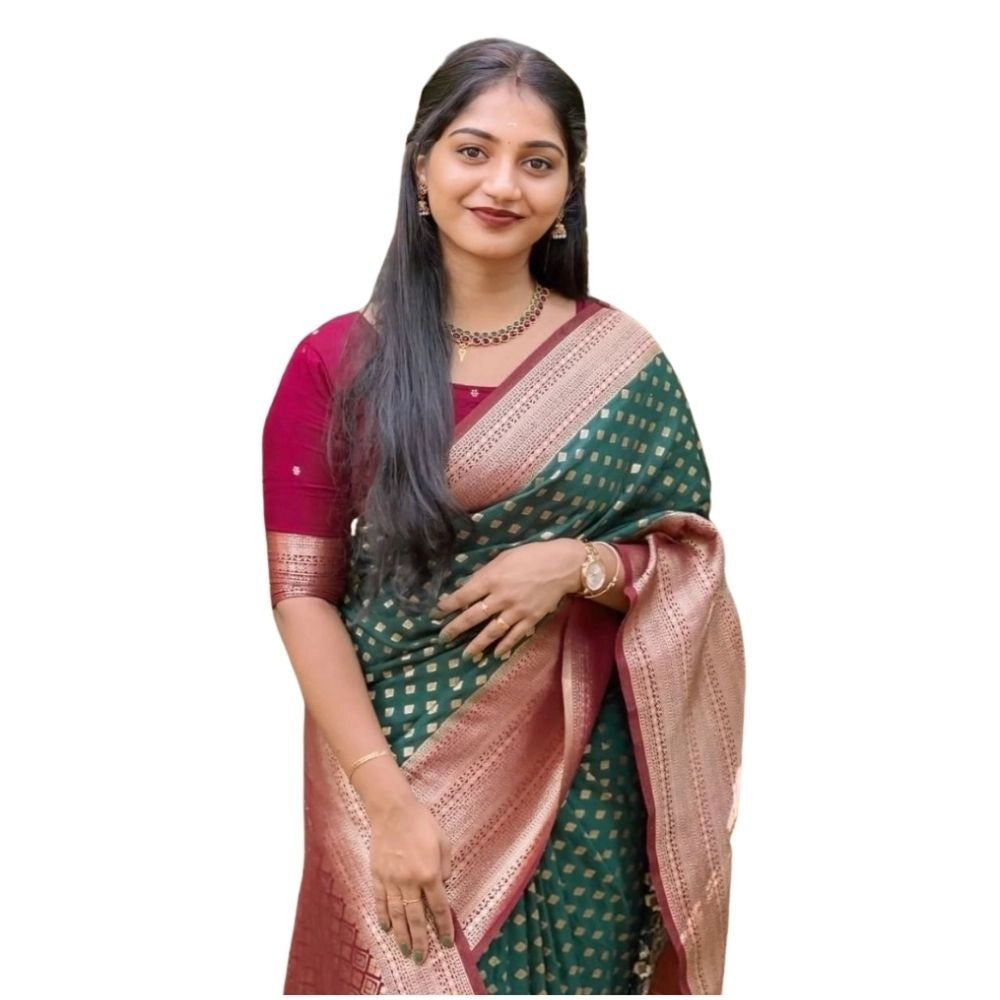 Women's Silk Printed Saree With Unstitched Blouse 5.5 Mtr (Green-Red)