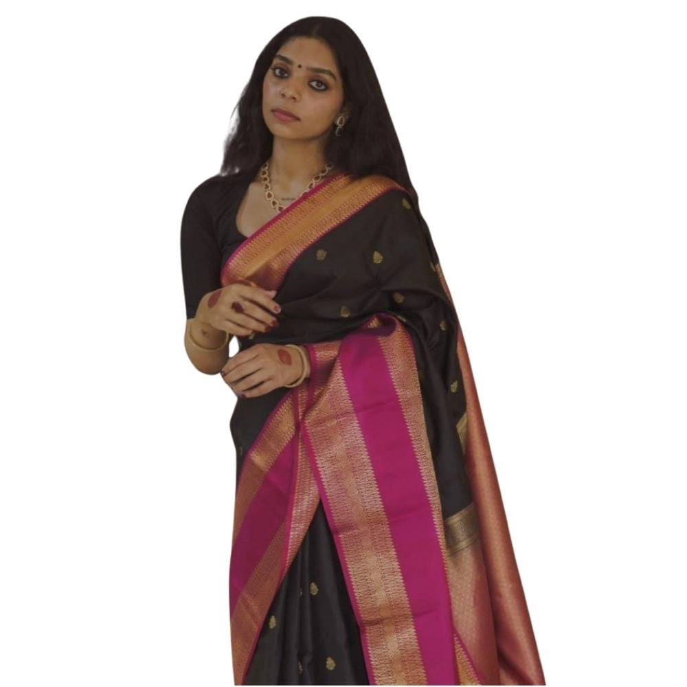 Women's Silk Printed Saree With Unstitched Blouse 5.5 Mtr (Black-Pink)