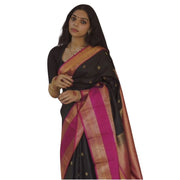 Women's Silk Printed Saree With Unstitched Blouse 5.5 Mtr (Black-Pink)