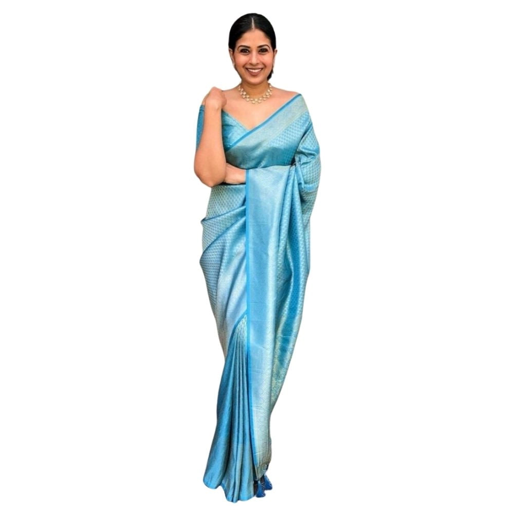 Women's Silk Printed Saree With Unstitched Blouse 5.5 Mtr (Sky Blue)