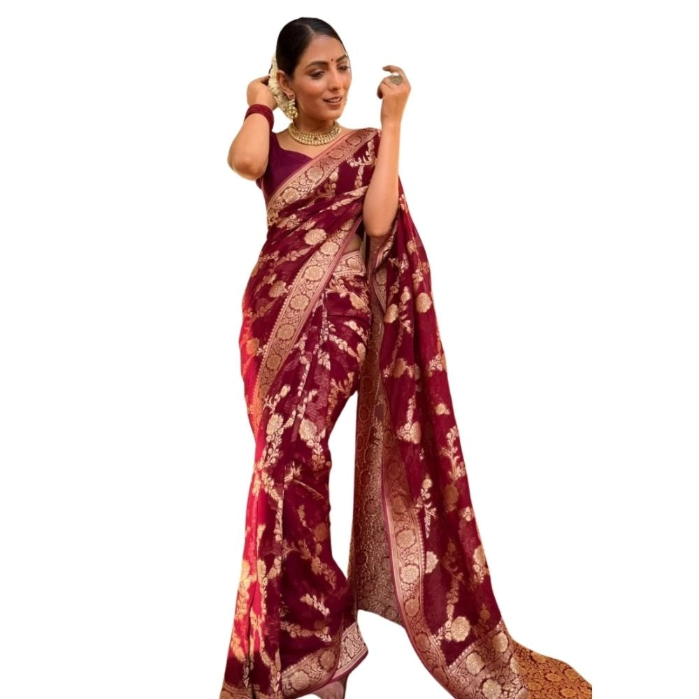 Women's Silk Printed Saree With Unstitched Blouse 5.5 Mtr (Maroon)